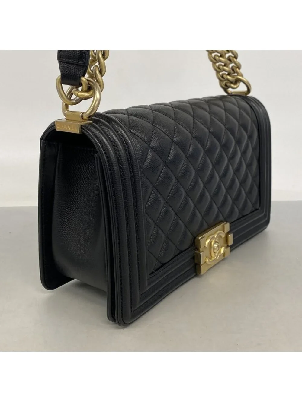 Chanel Shoulder Bag Boy Caviar Leather Black Champagne Gold